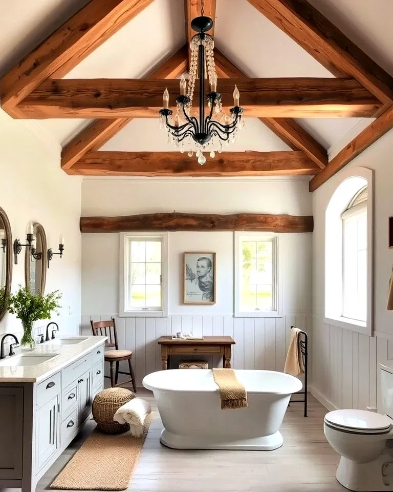 Natural wood beams in French country bathroom