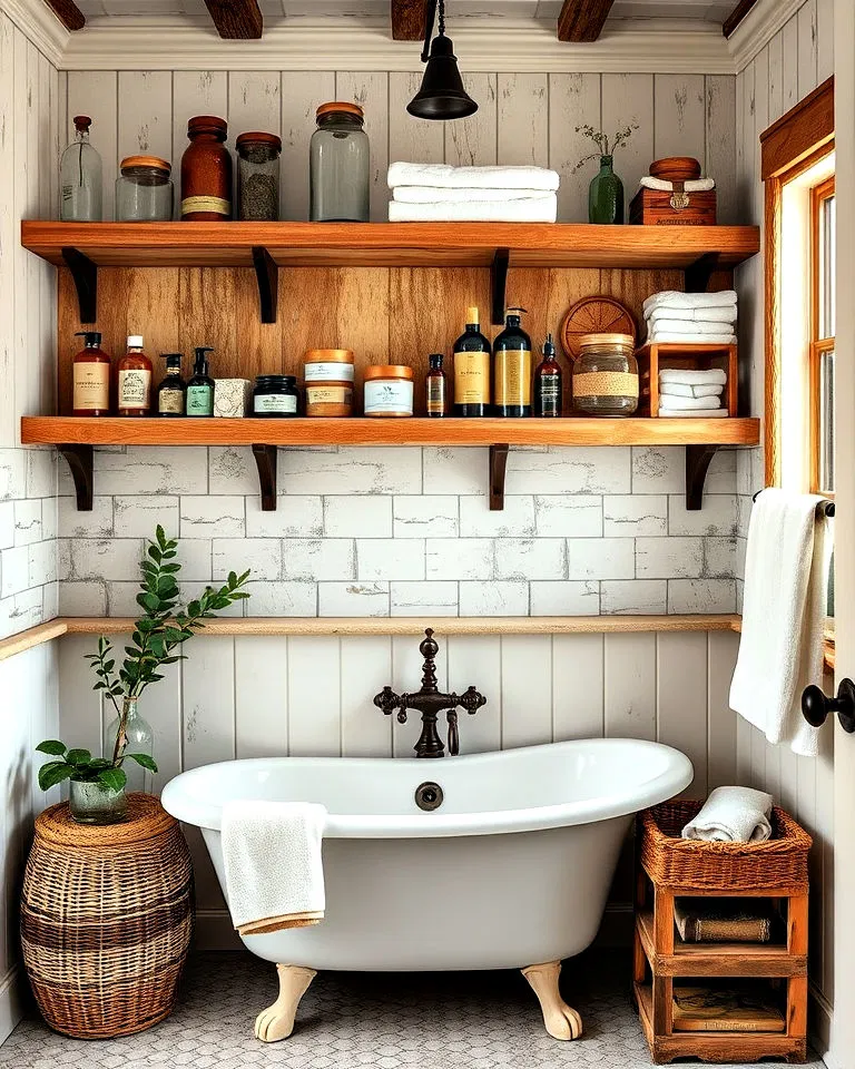 Open shelving in French country bathroom