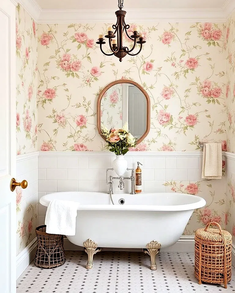Floral wallpaper adding romance to French country bathroom