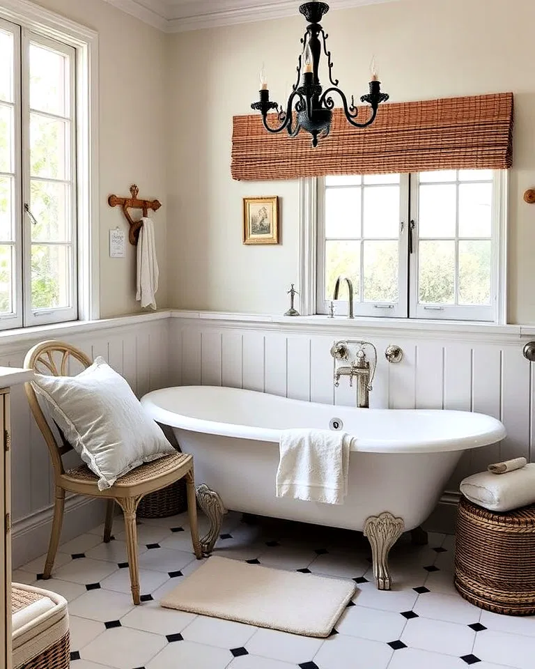 Soft cushions in French country bathroom