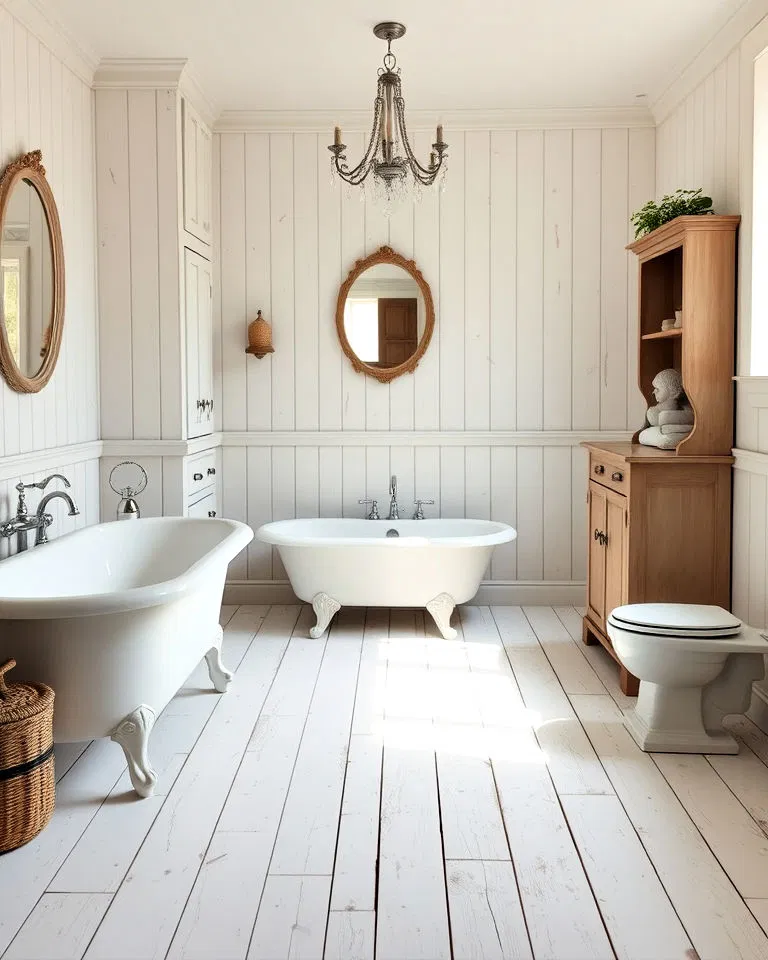 Painted wooden floors in French country bathroom
