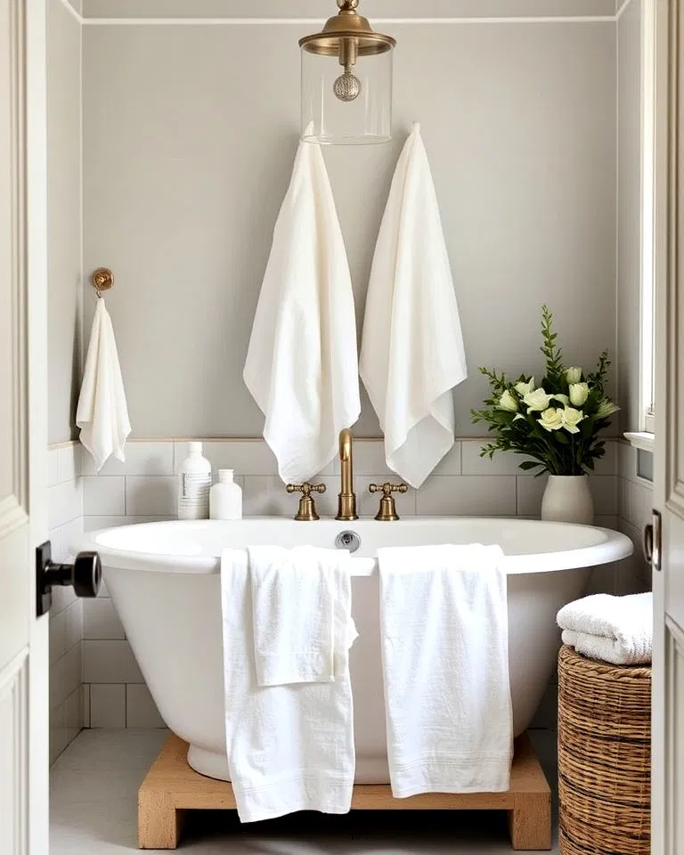 Soft linen towels in French country bathroom