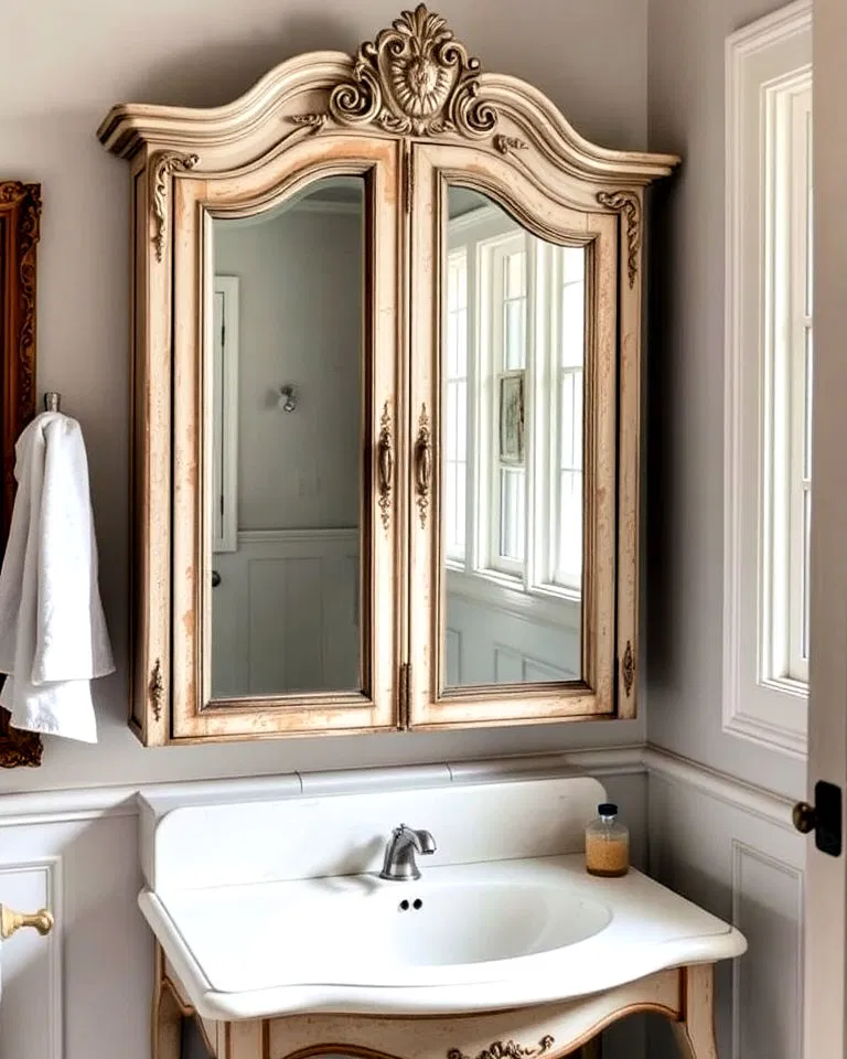 Vintage mirrored cabinet in French country bathroom