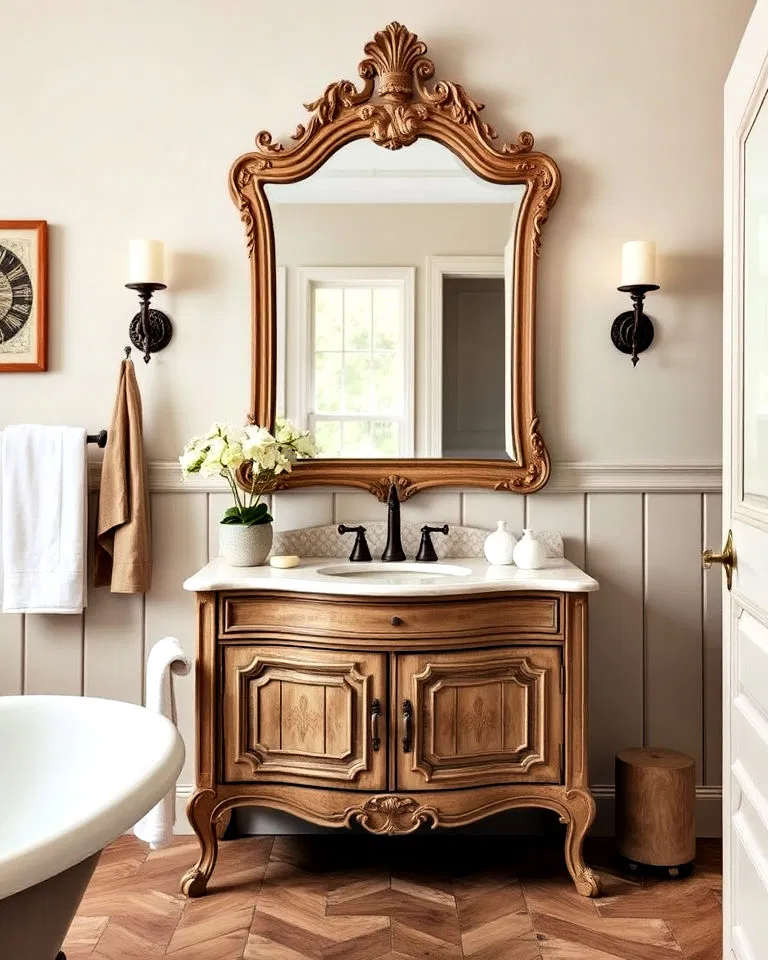 French country vanity with antique mirror