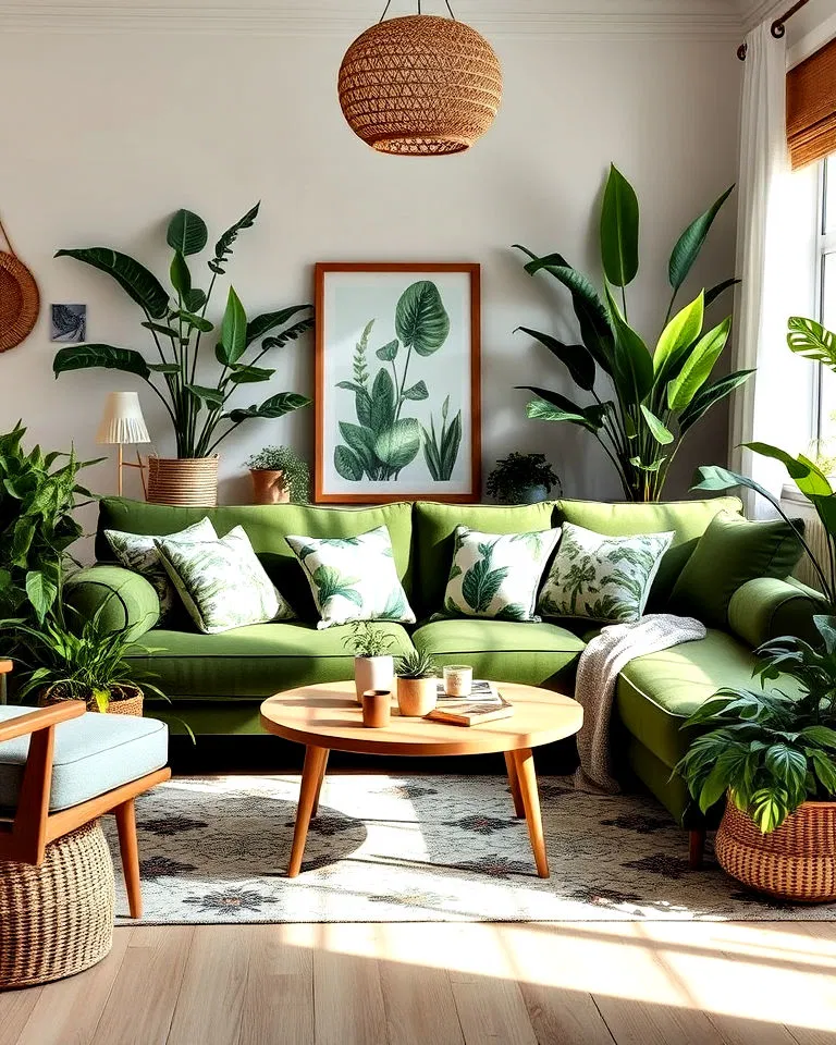 botanical themed living room with green sofa