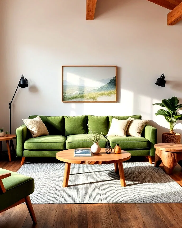 green sofa with natural wood accents