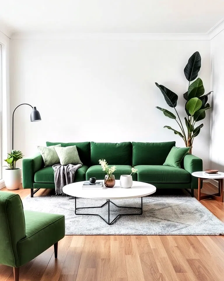 green sofa with cool neutral colors