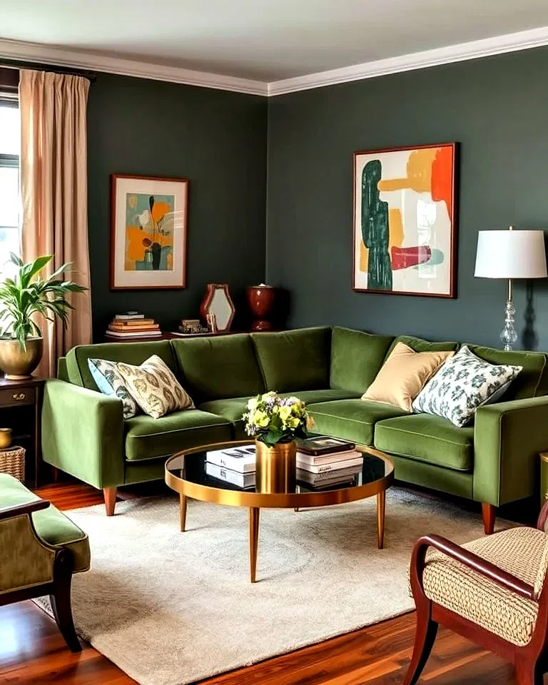retro style living room with green sofa