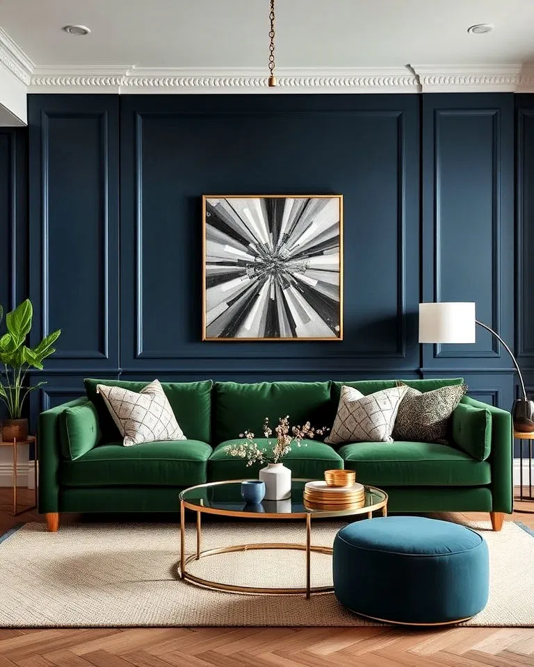 green sofa with deep navy accents