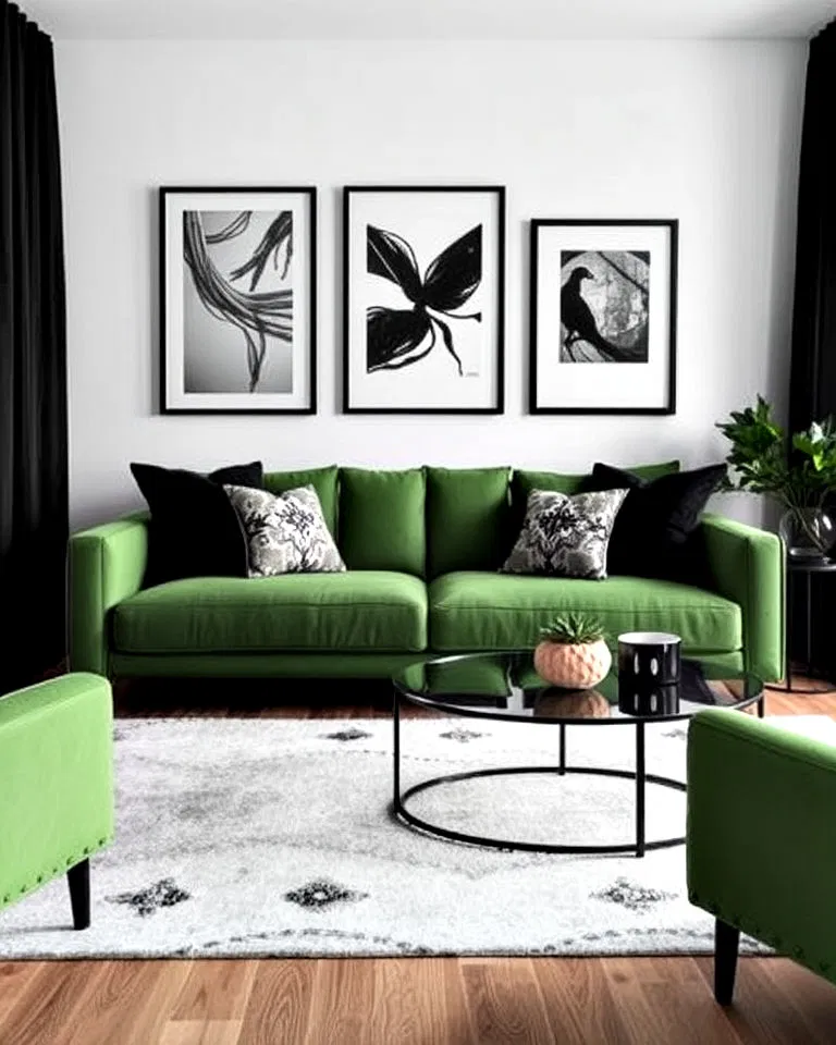 green sofa with black accents