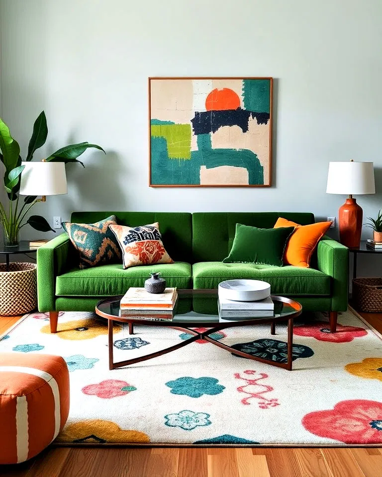 green sofa with bold patterned accents