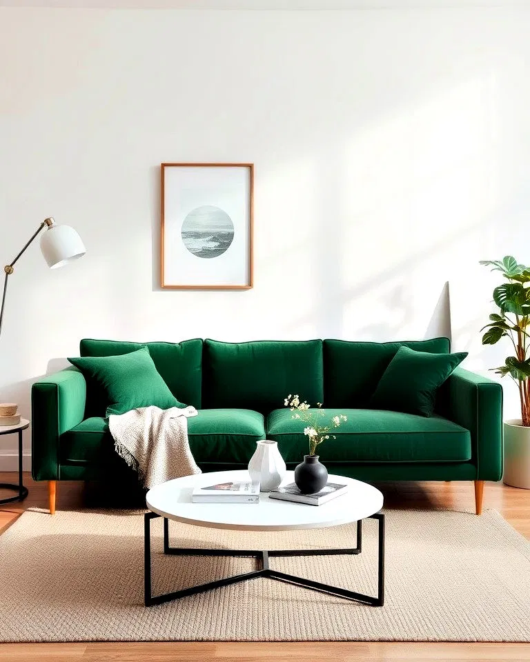 minimalist living room with green sofa