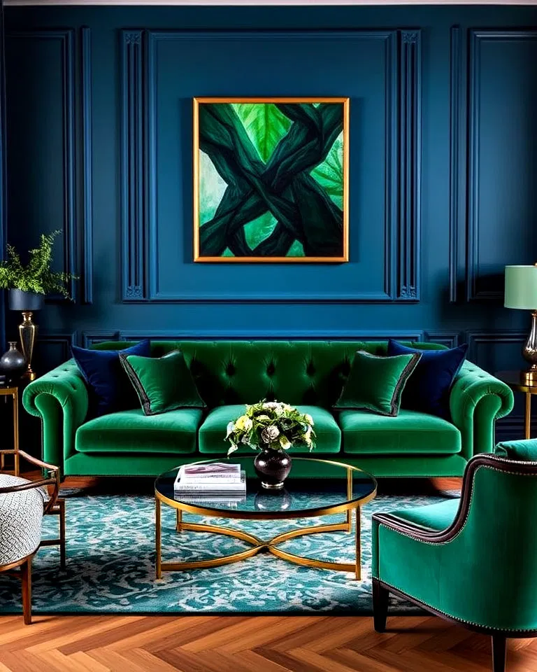 green sofa with jewel tone accents