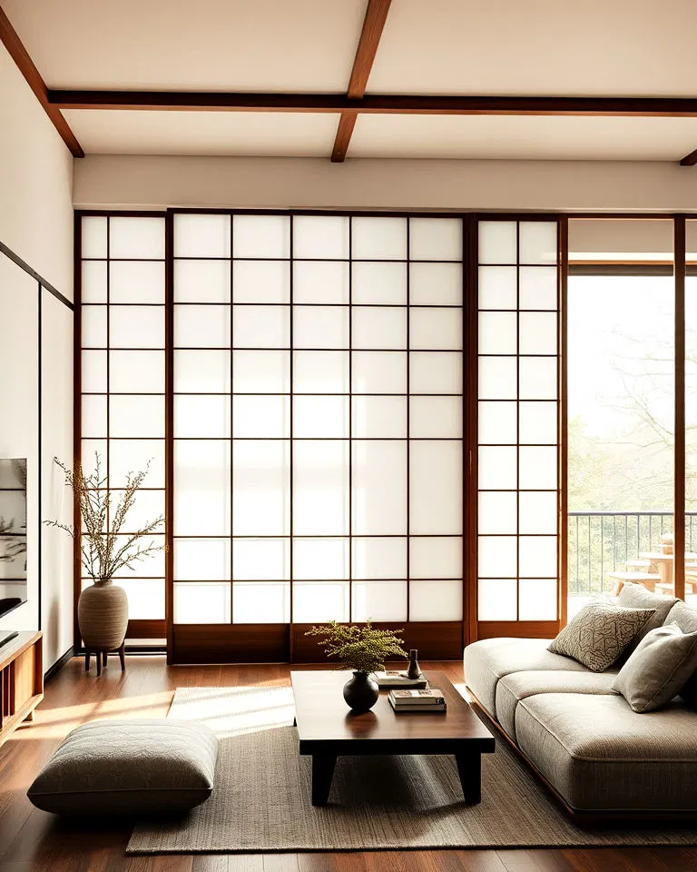 Sliding shoji screens in Japandi design