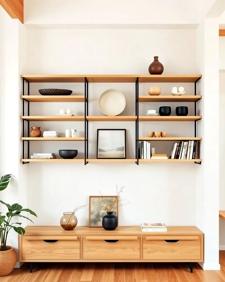 Open shelving with wooden accents in Japandi interiors