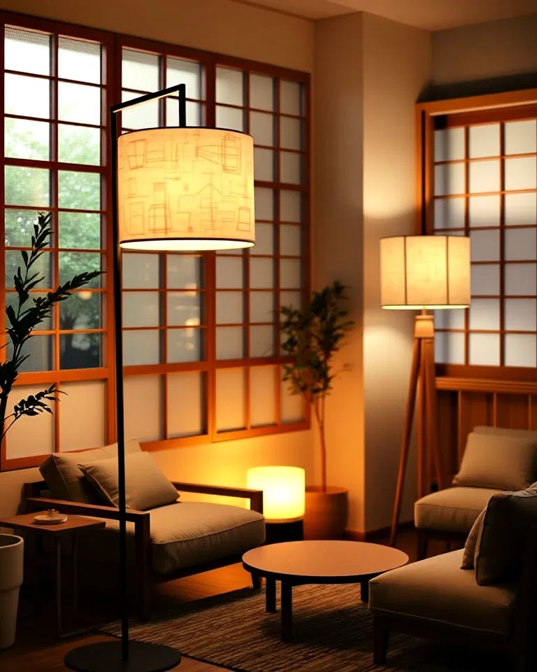 Warm lighting with floor lamps in Japandi interiors