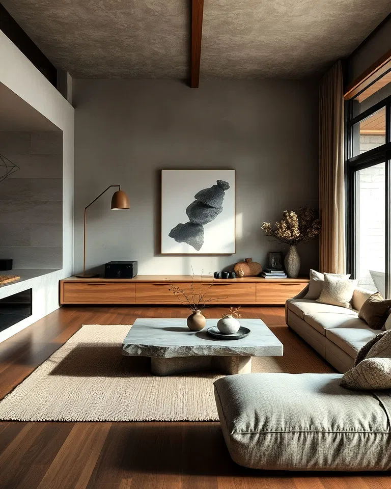 Stone and concrete accents in Japandi interiors