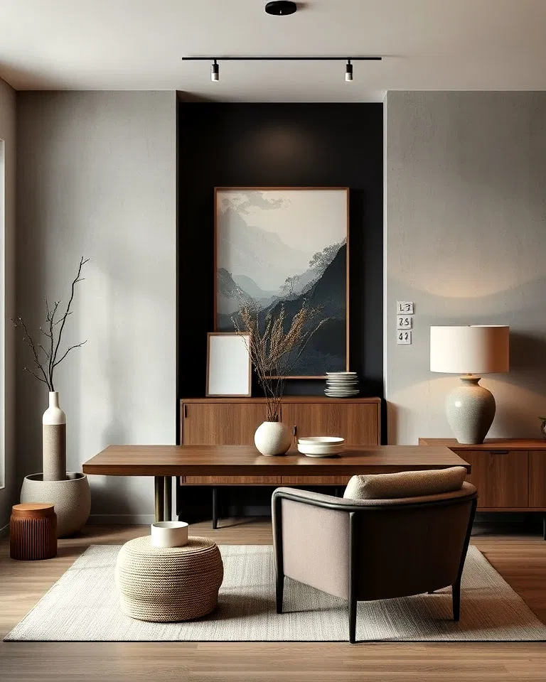 Matte finish accent pieces in Japandi interiors