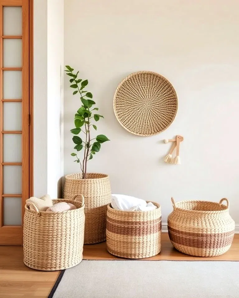 Minimalist storage baskets in Japandi interiors