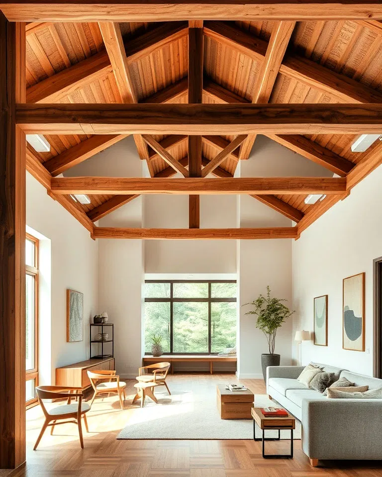 Exposed wooden beams in Japandi interiors