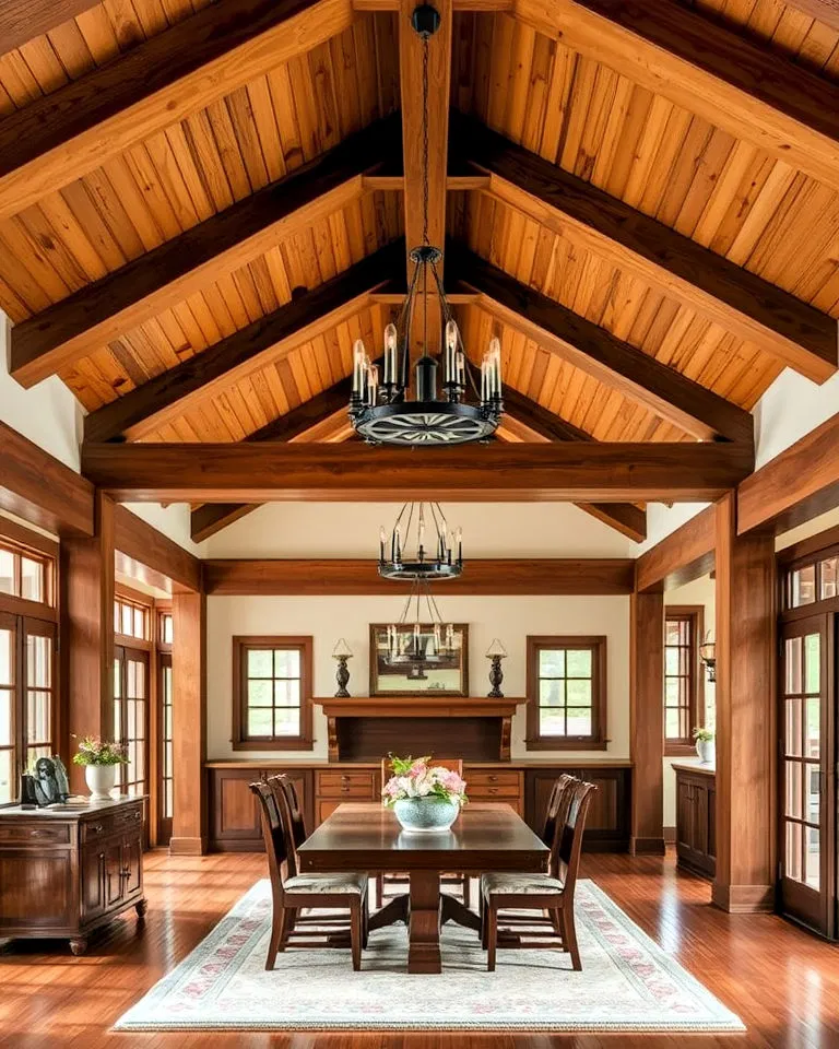 craftsman dining room with rustic exposed beams
