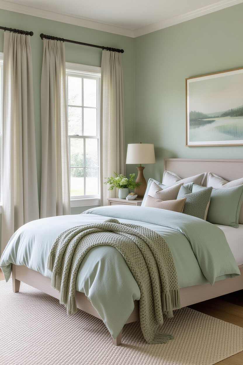 modern sage green bedroom with gray undertones and essential oil diffuser