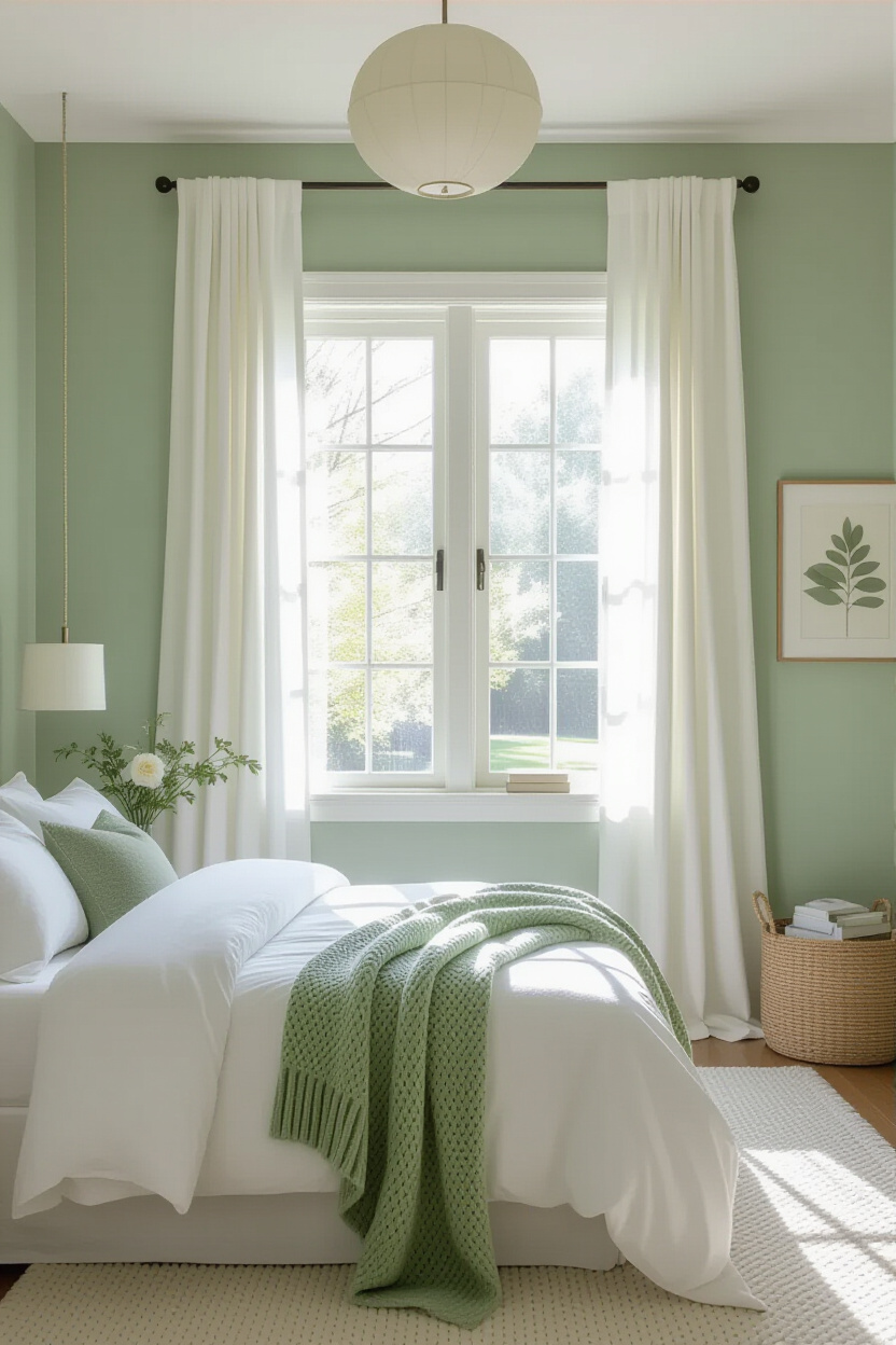 sage green bedroom with white accents and decorative books