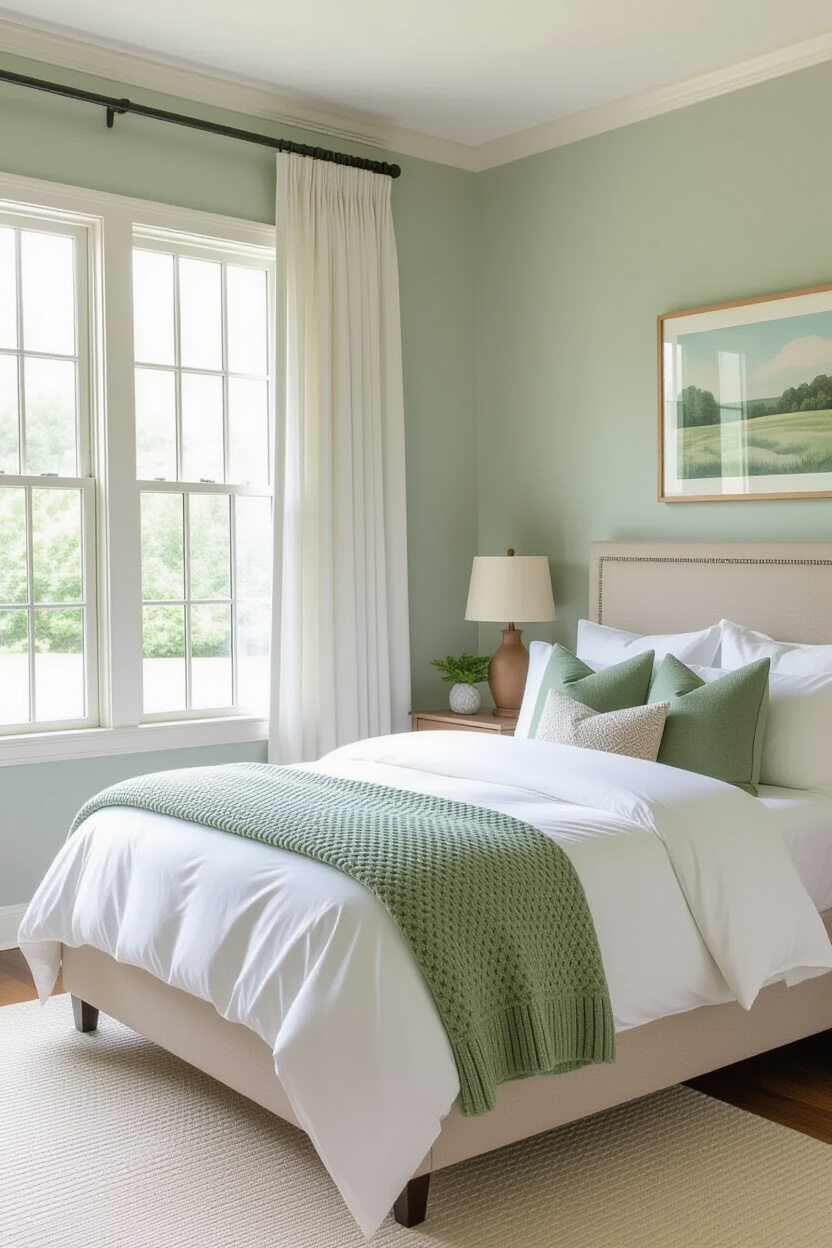 muted green guest bedroom with cozy textiles and rustic accents