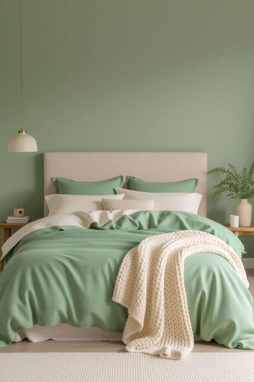cream and sage green farmhouse bedroom with textured accents