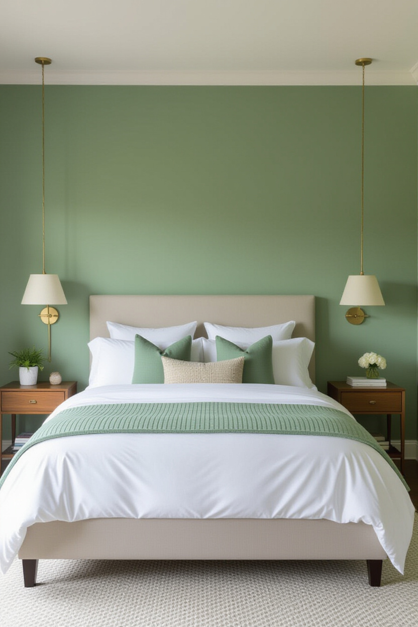 forest green accent wall with sage green bedroom decor