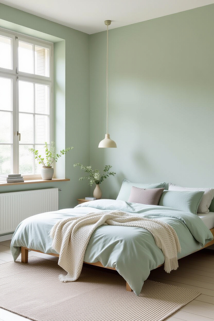 minimalist light sage bedroom with radiator cover and creamy accents