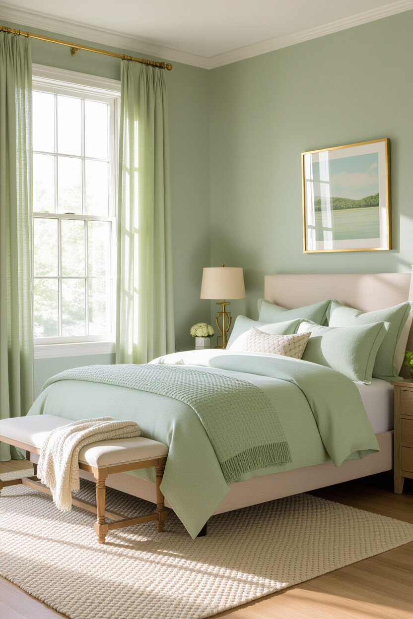 sage green bedroom with gold lamp and picture frame accents