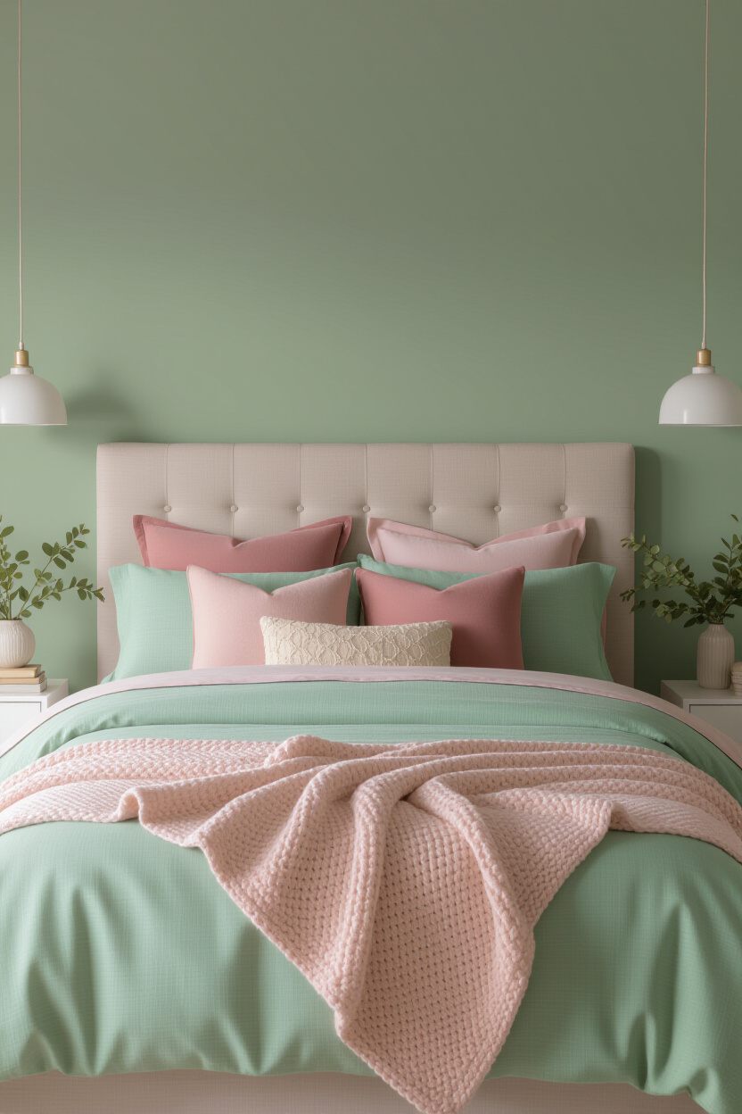 sage green bedroom with blush pink accents