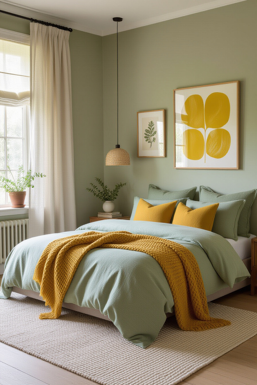 sage green bedroom with mustard yellow accents and rattan lighting