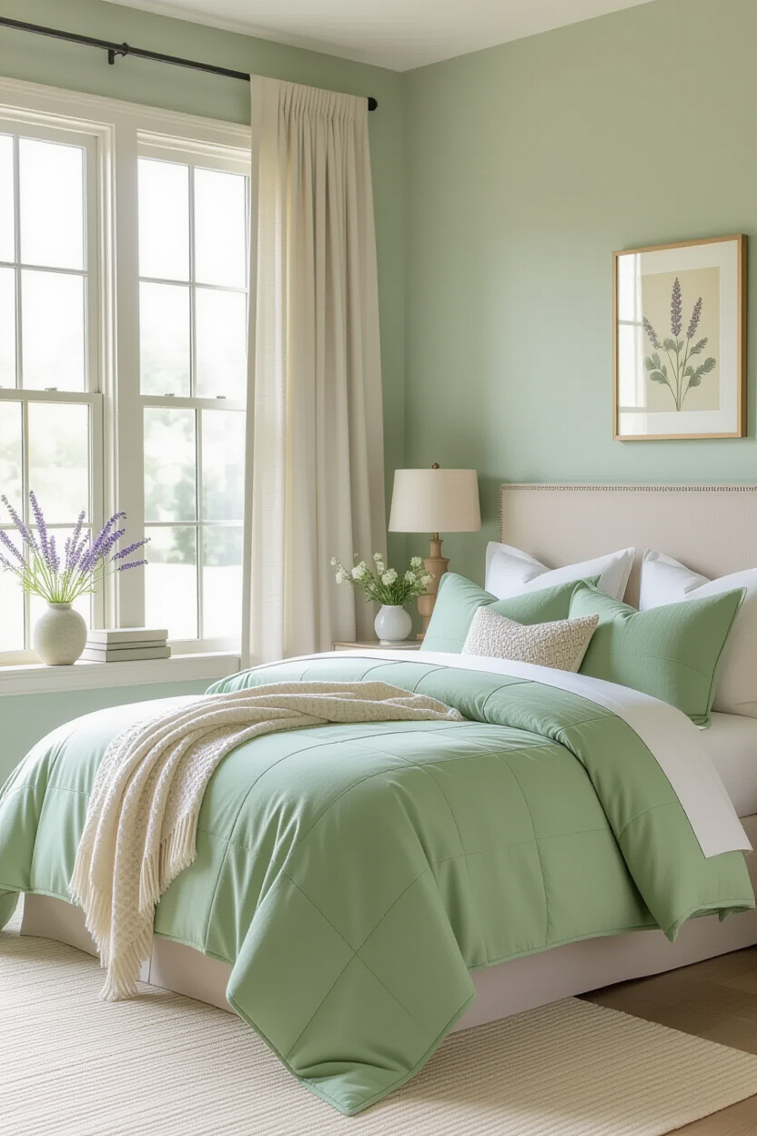 sage green bedroom with lavender accents and botanical decor