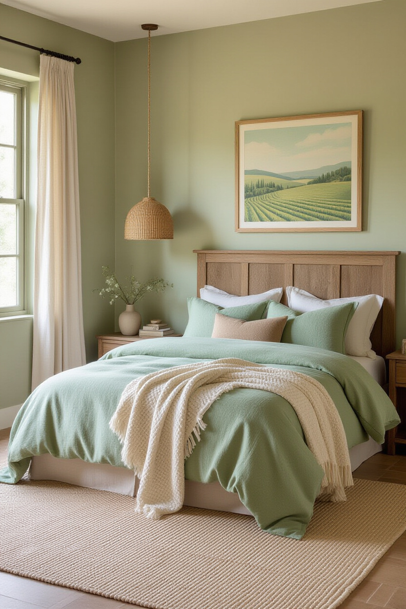 beige and sage green bohemian bedroom with natural textures