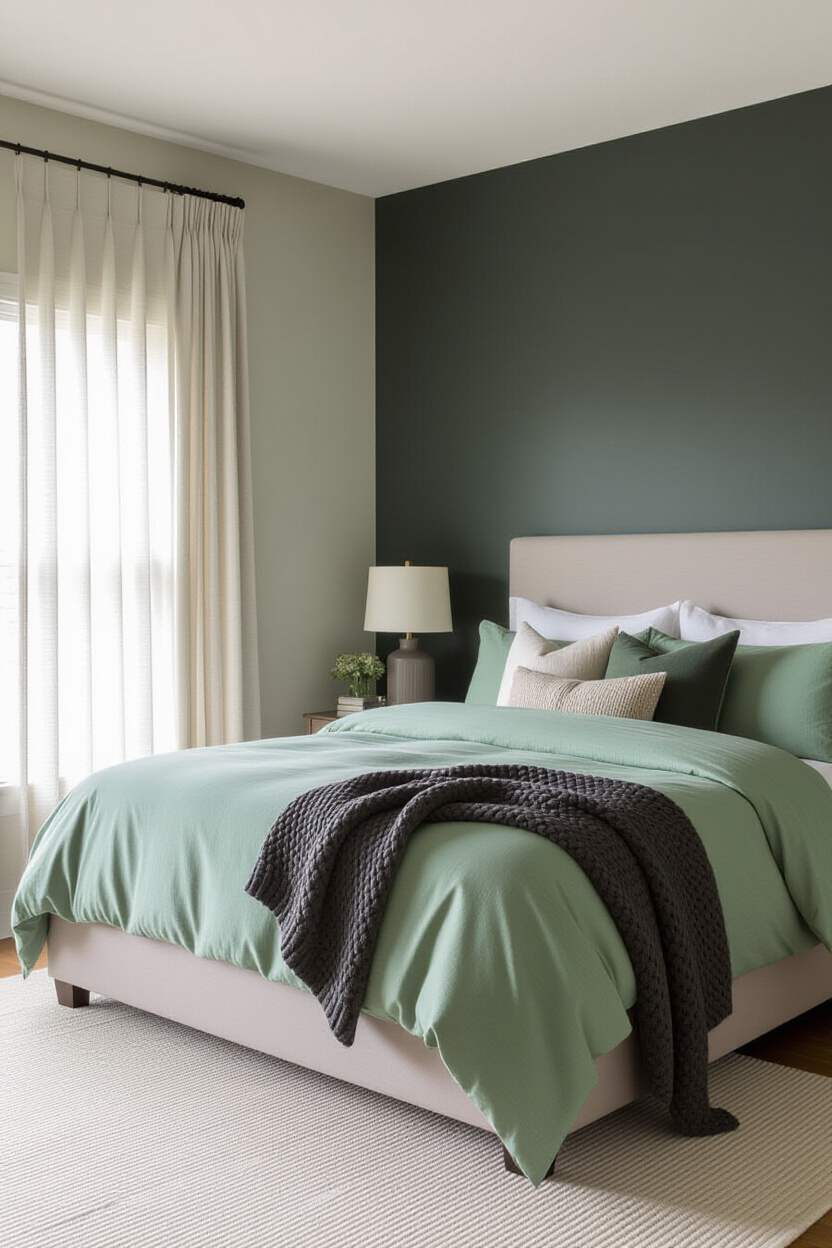 modern sage green bedroom with charcoal accent wall and white furniture