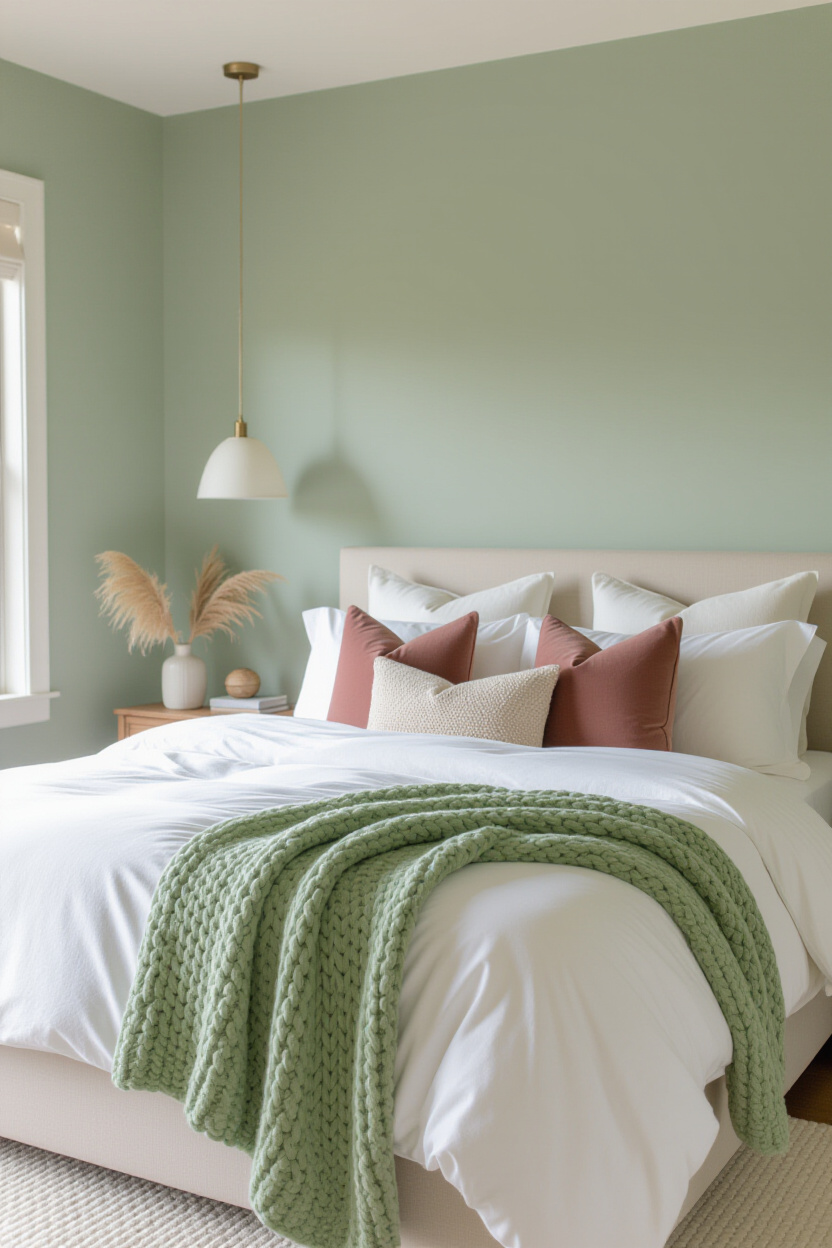 dusty rose accents in sage green bedroom