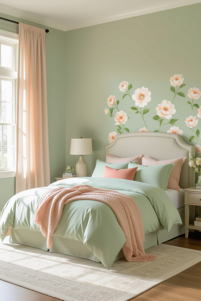 sage green bedroom with peach accents and rustic decor