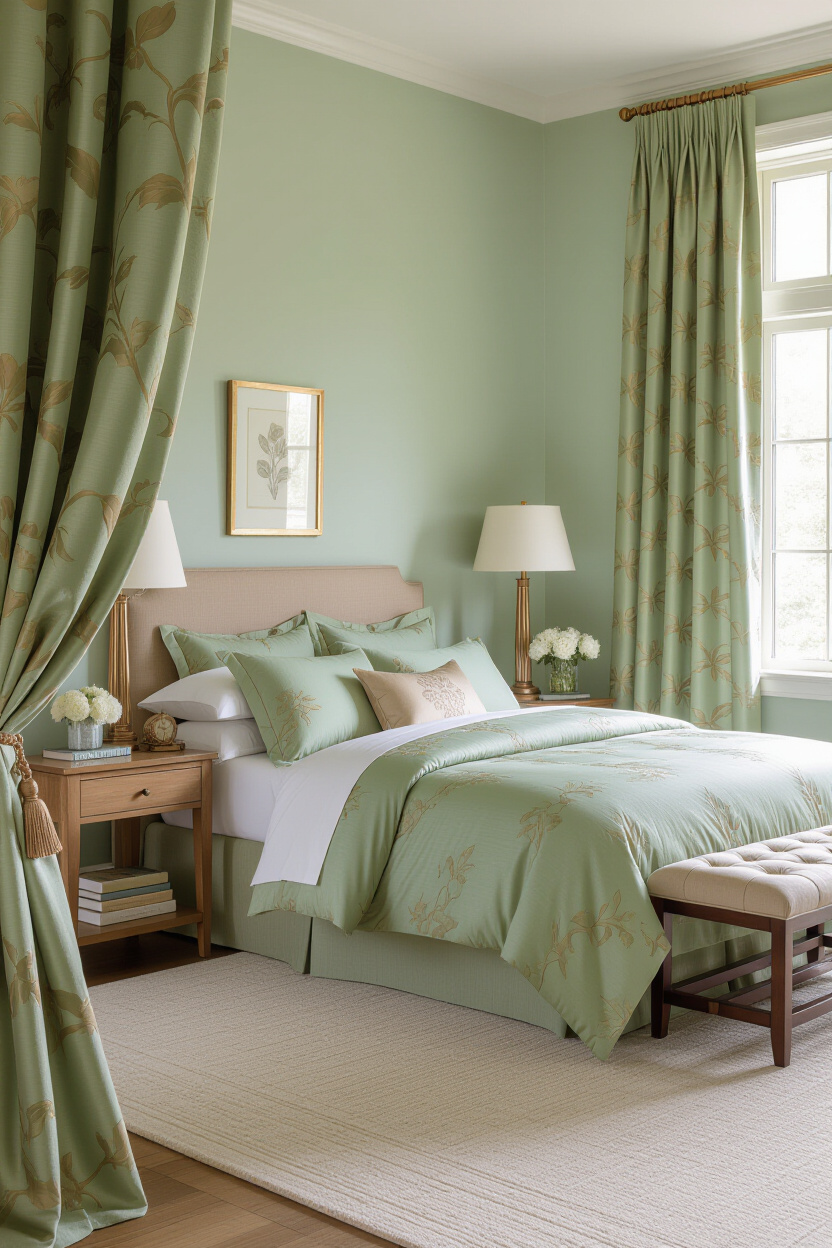 sage green bedroom with copper accents and blackout curtains