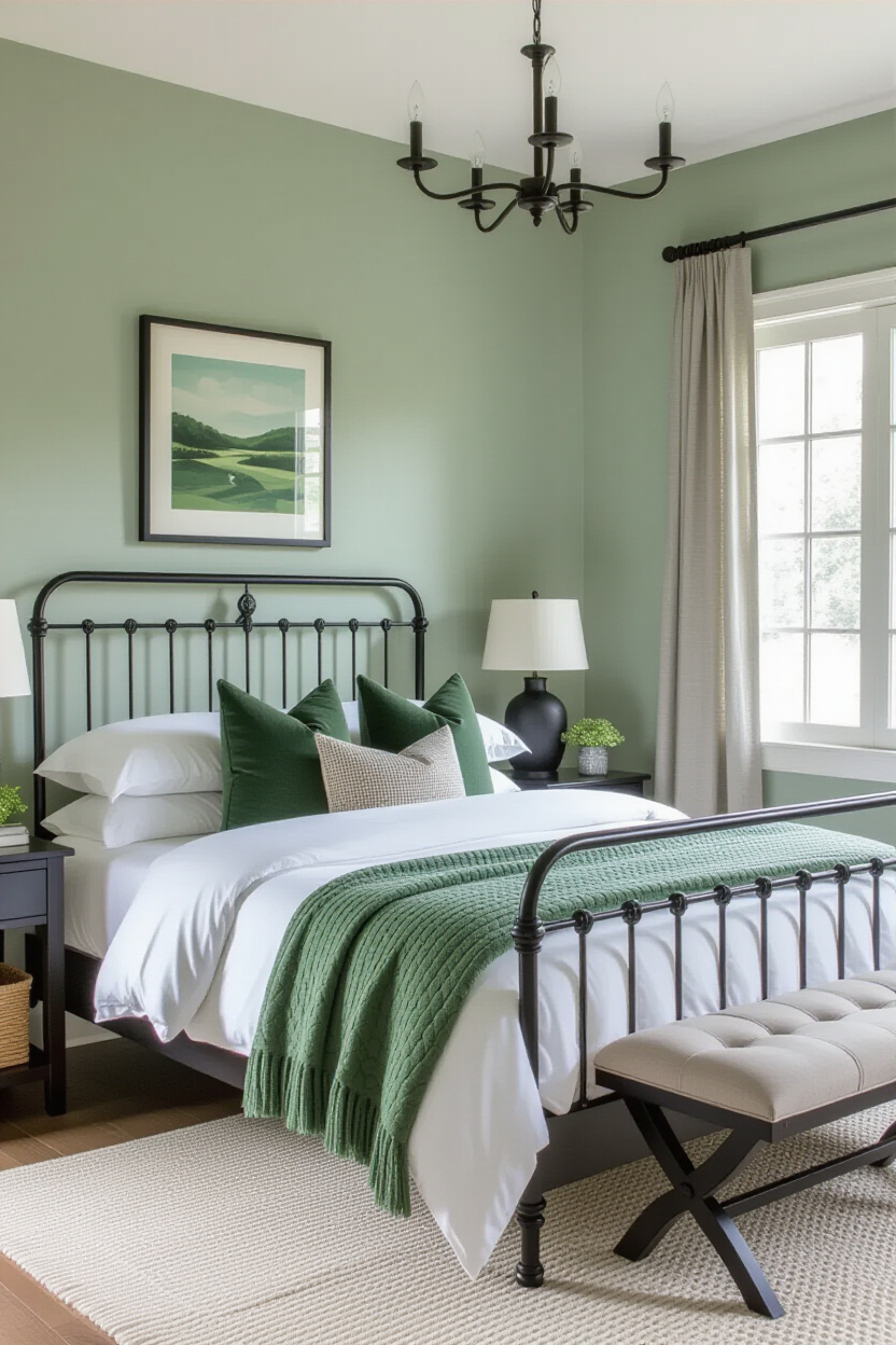 black metal bed frame with sage green bedroom decor