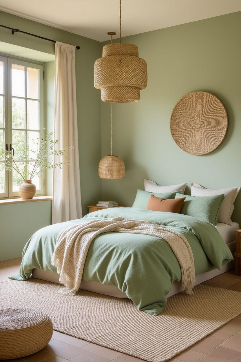 clay green bedroom with woven pendant light and sage walls