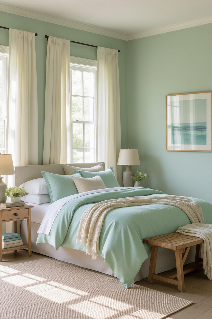 aqua and sage green bedroom with light blue books and subtle accents