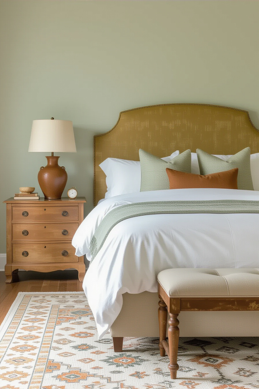vintage sage green bedroom with ochre accents and decorative bowl