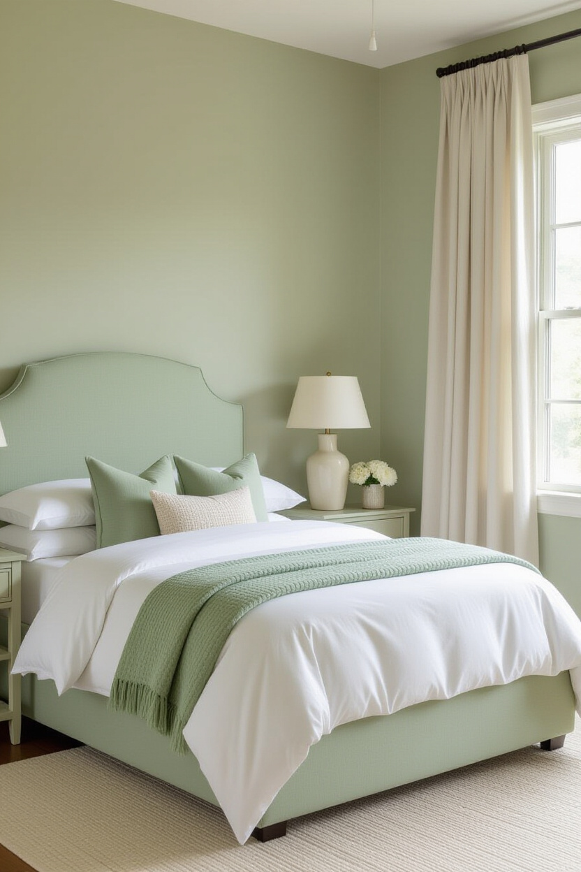 ivory and sage green bedroom with knitted throw and layered bedding