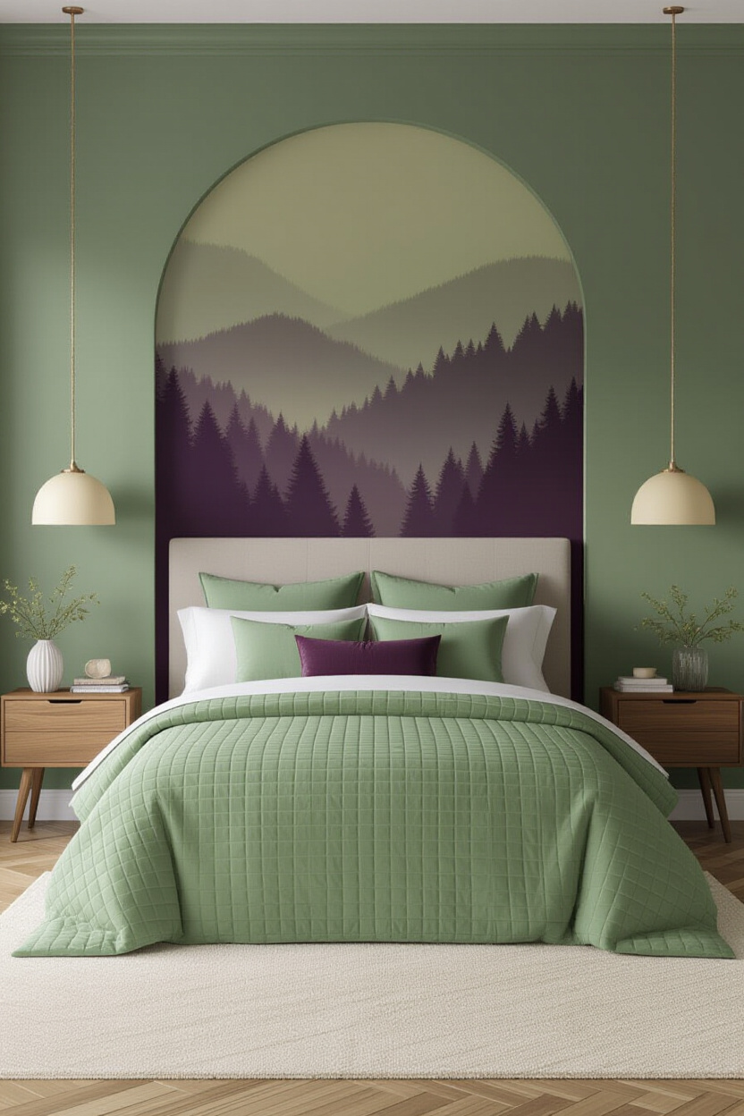 plum to sage ombre accent wall in bedroom with lavender diffuser
