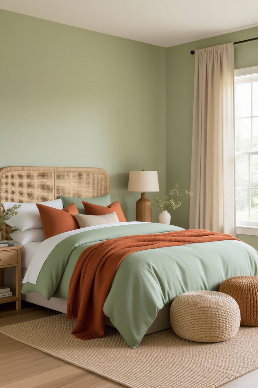 sage green bedroom with cinnamon accents and woven pouf