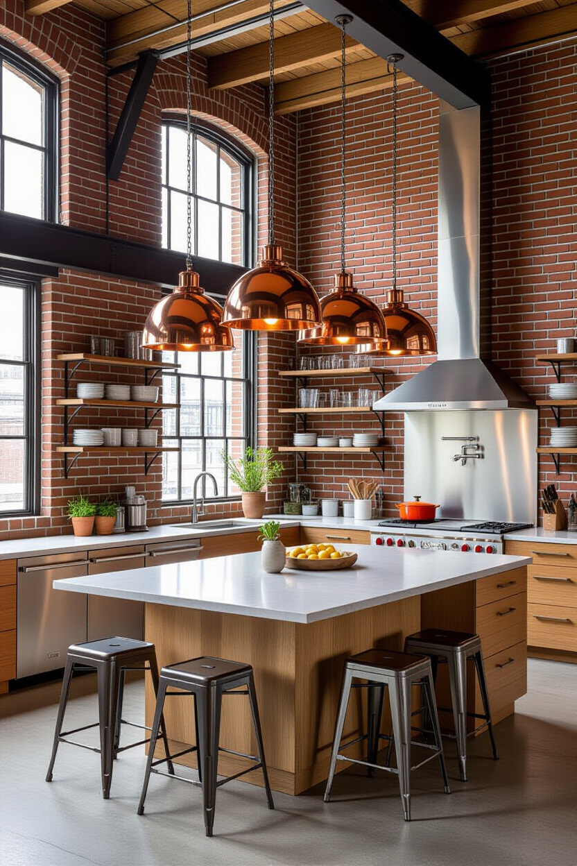 copper pendant light over kitchen island