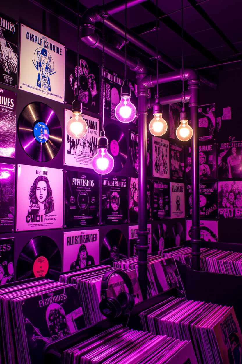 purple industrial lighting in record store