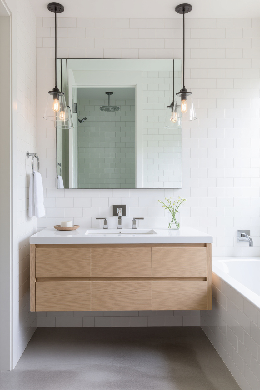 modern floating bathroom vanity with industrial lighting
